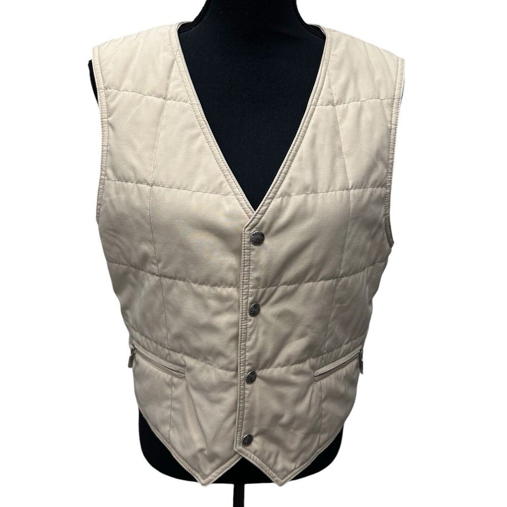 Vintage NORTH FACE Quilted Vest Womens Size M Beige USA MADE Button Snap Pockets